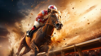Step into the digital arena and experience the heart-pounding thrill of high-speed horse racing.  - obrazy, fototapety, plakaty