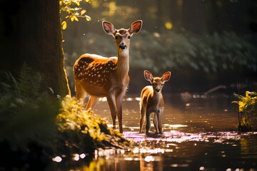 Deer with her baby fawn in the wild, wild life photography, standing on water. Generative Ai