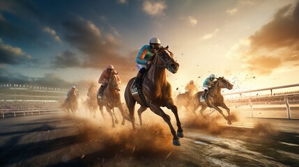 Step into the virtual arena and experience the adrenaline rush of high-speed horse racing like never before.  - obrazy, fototapety, plakaty