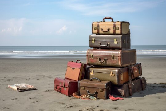 luggage at sandy shoreline. Generative AI