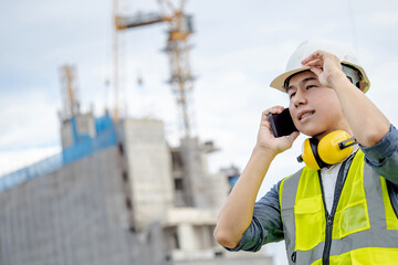 Male site engineer or foreman using mobile phone talking with his coworker team. Asian worker man with green reflective vest, safety helmet and ear muffs working at construction site