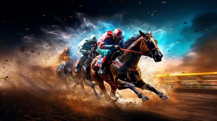 Witness the breathtaking spectacle of futuristic horse racing as magnificent steeds thunder down the track.  - obrazy, fototapety, plakaty