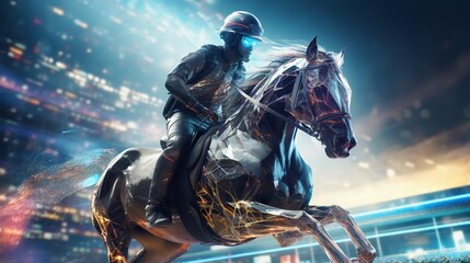 Witness the breathtaking spectacle of futuristic horse racing as virtual steeds blaze down the track.  - obrazy, fototapety, plakaty