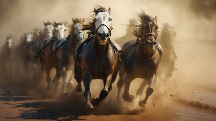 Witness the future of equestrian competition as driven horses race towards destiny.  - obrazy, fototapety, plakaty
