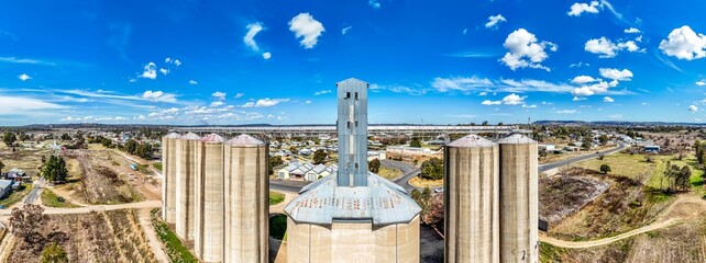 Panoramic view of Grain Silos overlooking the town of Inverell, New South Wales, Australia