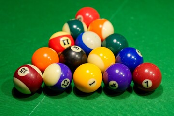 Closeup of a vibrant array of pool balls are arranged in a classic triangle formation,