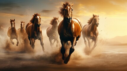 Witness the incredible speed and precision of crafted horses as they race towards glory.  - obrazy, fototapety, plakaty