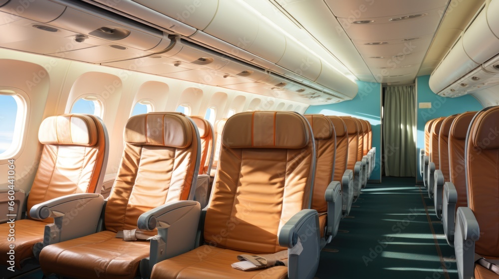 Poster a row of empty seats in an airplane. imaginary ai picture.
