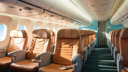A row of empty seats in an airplane. Imaginary AI picture.