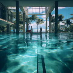 Clear water of a aesthetic pool, like an hotel.