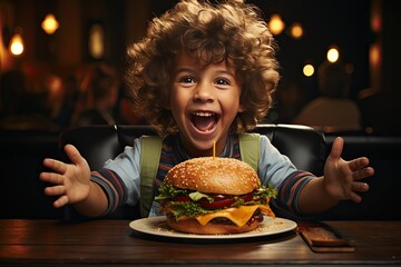 Happy little boy eating a hamburger. unhealthy fast food proper nutrition concept. child greedily with pleasure lifestyle bites a big burger at a fast food restaurant. kid eats fast food close-up - Powered by Adobe