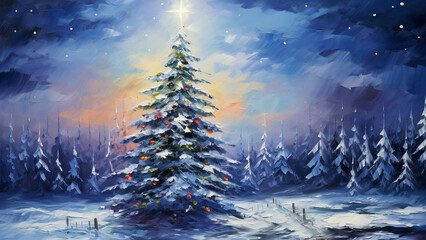 Christmas tree decorated with lights on a snowy field painted in oil