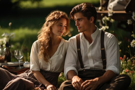 Romantic young couple enjoying having picnic together in public park on warm sunny day. Created with Generative AI