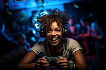Latin teenage girl player playing video games indoors. Cybersports tournament concept. Generative AI. - obrazy, fototapety, plakaty