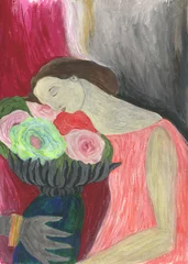 Zelfklevend Fotobehang woman and flowers. watercolor painting. illustration © Anna Ismagilova