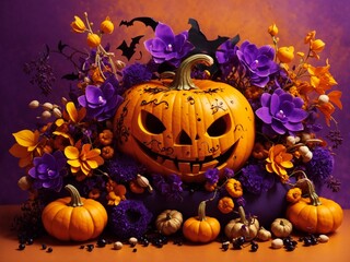 halloween story pumpkin smile celebrating card with dark flowers purple orchid and vegetables harvest on saffron color background 