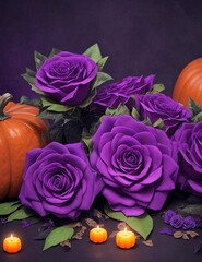 halloween pumpkin smile celebrating card with dark flowers purple roses and vegetables harvest 