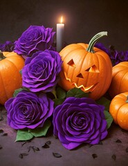 halloween pumpkin smile celebrating card with dark flowers purple roses and vegetables harvest on dark purple velvet background and  black candles 