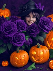 halloween pumpkin smile celebrating card with dark flowers purple roses and vegetables harvest on dark purple velvet background 