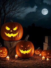 halloween scared story pumpkin jack candle light cemetry moon dark night