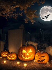 halloween scared story pumpkin jack candle light cemetry moon dark night bats and cats