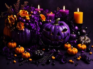 halloween story pumpkin smile celebrating card with dark flowers purple orchid