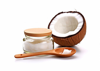 Glass jar with organic vegan coconut oil and spoon on white background.Macro.AI Generative