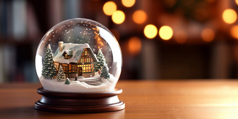 Snow globe christmas decoration with miniature house inside on bokeh background.Macro.AI Generative