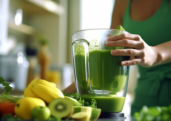 Young woman making healthy vegan green smoothie cocktail in kitchen.Macro.AI Generative - obrazy, fototapety, plakaty