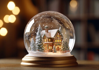 Classic snow globe with christmas house and snow on wooden table.Macro.AI Generative