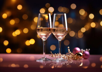 Two pink rose champagne in luxury glasses for celebration party on bokeh background.Macro.AI Generative