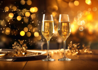 Champagne in luxury glasses for celebration party on bokeh background.Macro.AI Generative