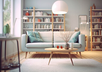 Scandinavian style modern living room with bookshelf,sofa and large windows.Macro.AI Generative