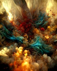 An explosion of gassy silk smoke beautiful stunning breathtaking Float flying suspended beautiful chaos wind movement gold copper silver metal gothic baroque psychedelic fractal landscape 8k 