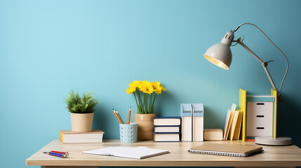 Desk showcasing school essentials, such as stationery holder, book, lamp and more on blue wall backdrop. Space for text,Study ready arrangement,Side view photo