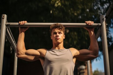 Naklejka premium Photography in the style of pensive portraiture of an energetic boy in his 20s doing calisthenics exercises on outdoor bars. With generative AI technology