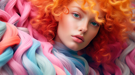 Closeup portrait of a beautiful girl with colorful fabric background