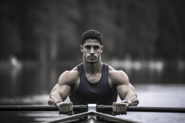 Sports portrait photography of a focused boy in his 30s rowing in a lake. With generative AI technology - obrazy, fototapety, plakaty