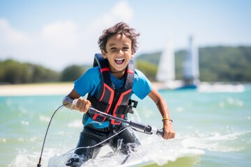 Lifestyle portrait photography of a determined kid male practicing kitesurfing in the sea. With generative AI technology