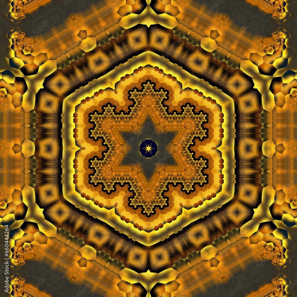Poster golden brown hexagonal floral fantasy pattern and design in square format