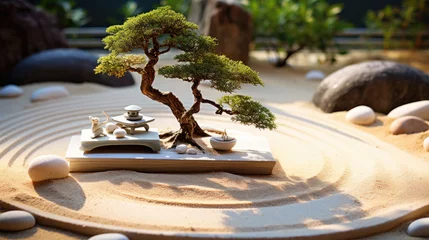 Poster Zen Garden with moss covered rocks and small tree © Nataliya