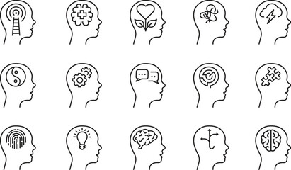 Mental health line icons Set. Emotional support, Inspiration, Opportunity pictogram. Psychology Therapy Outline signs. Intellectual Process Symbol editable stock isolated on transparent background.