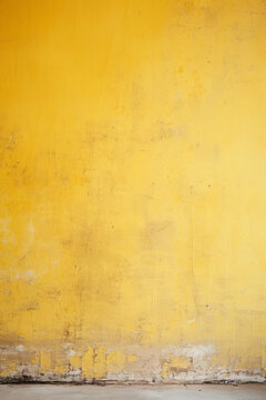 Yellow and rough wall texture background with blank wallpaper. Worn wall and peeling paint.