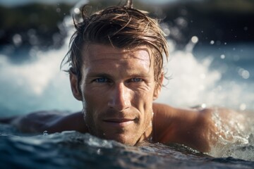 Headshot portrait photography of a fitness boy in his 30s surfing in the sea. With generative AI technology