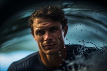 Fototapeta premium Headshot portrait photography of a fitness boy in his 30s surfing in the sea. With generative AI technology