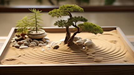 Zen Garden with moss covered rocks and small tree - obrazy, fototapety, plakaty