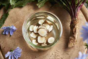 Preparation of herbal tincture from fresh sliced chicory root - obrazy, fototapety, plakaty