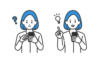 スマホを見て疑問を持つ･ひらめきのポーズをするビジネスパーソン女性のセット【人物ベクターイラスト素材】
