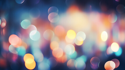bokeh background, showcasing a myriad of twinkling lights against a deep twilight blue. The lights appear as soft, blurred orbs, varying in size and intensity. AI Generated. - obrazy, fototapety, plakaty