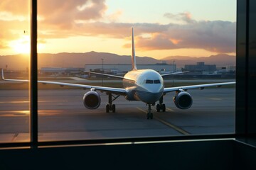 Airplane behind airport window. 